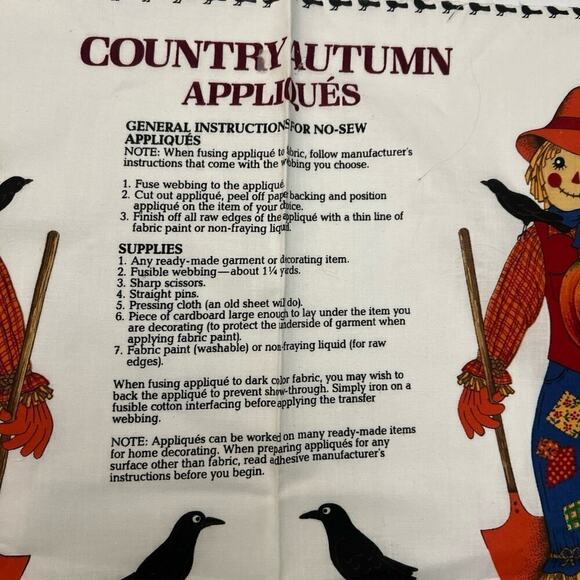 Country Autumn Appliqués Fabric Panel Fall Scarecrow Pumpkin Crow Cornucopia - Picture 4 of 4